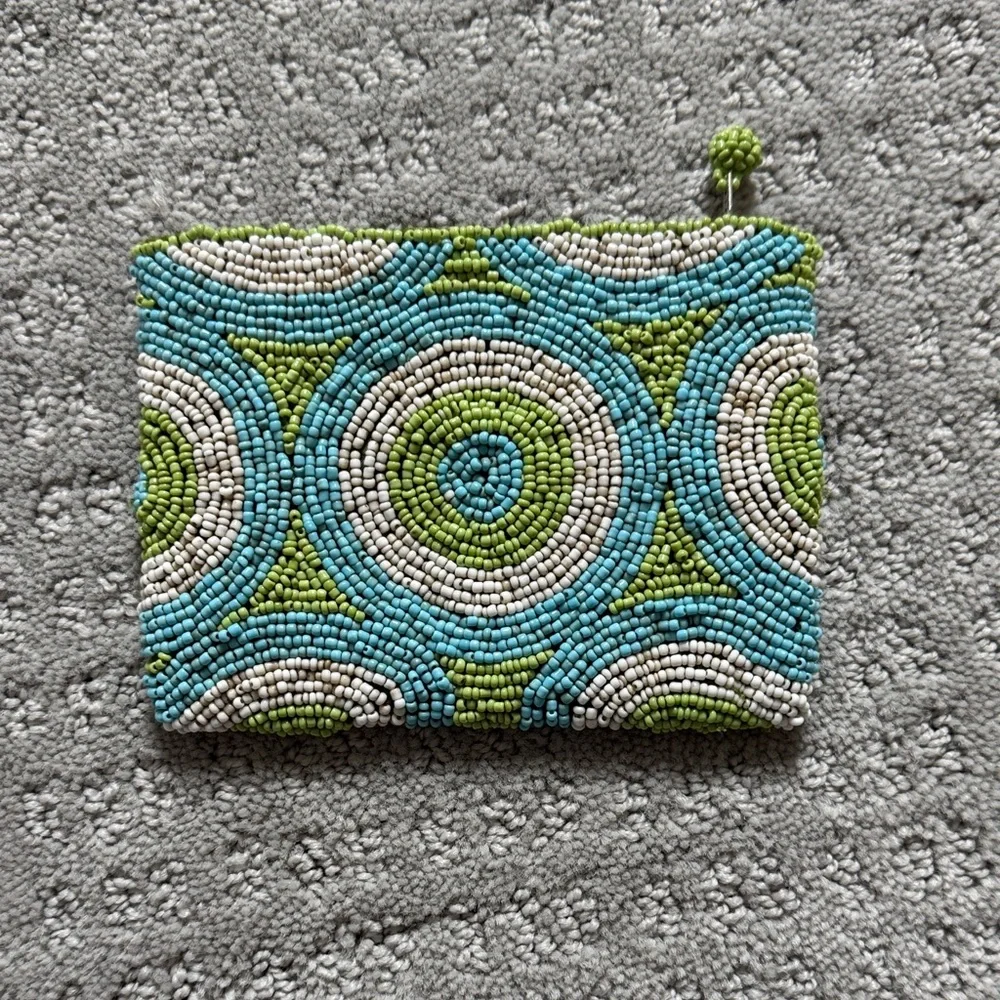 Beaded Circle Pattern Coin Pouchin Aqua, Lime & Ivory - Picture 2 of 2